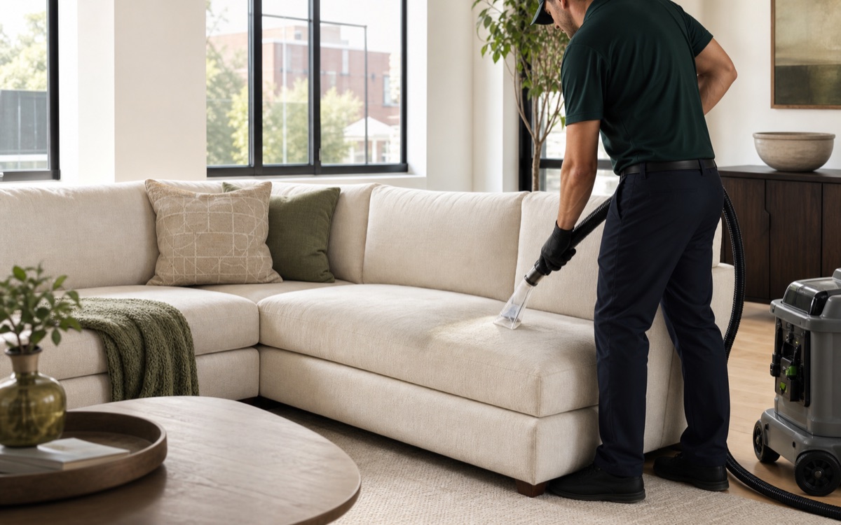 Professional extraction cleaning on a fabric sofa